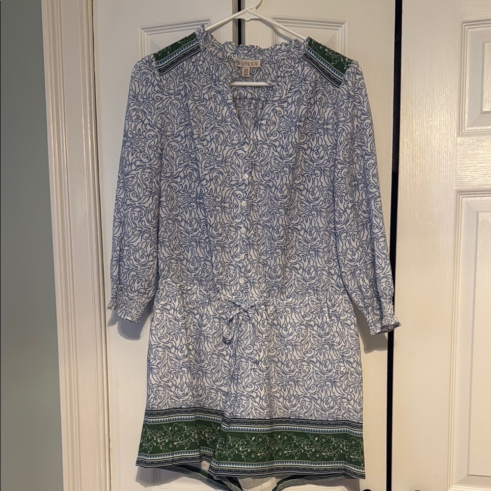 Blue and White Romper with Cuffed 3/4 Sleeves